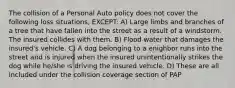 The collision of a Personal Auto policy does not cover the following loss situations, EXCEPT: A) Large limbs and branches of a tree that have fallen into the street as a result of a windstorm. The insured collides with them. B) Flood water that damages the insured's vehicle. C) A dog belonging to a enighbor runs into the street and is injured when the insured unintentionally strikes the dog while he/she is driving the insured vehicle. D) These are all included under the collision coverage section of PAP