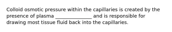 Colloid osmotic pressure within the capillaries is created by the presence of plasma _______________ and is responsible for drawing most tissue fluid back into the capillaries.