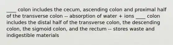 ____ colon includes the cecum, ascending colon and proximal half of the transverse colon -- absorption of water + ions ____ colon includes the distal half of the transverse colon, the descending colon, the sigmoid colon, and the rectum -- stores waste and indigestible materials