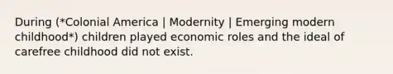 During (*Colonial America | Modernity | Emerging modern childhood*) children played economic roles and the ideal of carefree childhood did not exist.