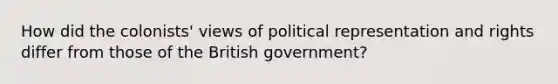 How did the colonists' views of political representation and rights differ from those of the British government?