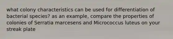 what colony characteristics can be used for differentiation of bacterial species? as an example, compare the properties of colonies of Serratia marcesens and Micrococcus luteus on your streak plate