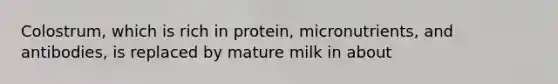 Colostrum, which is rich in protein, micronutrients, and antibodies, is replaced by mature milk in about