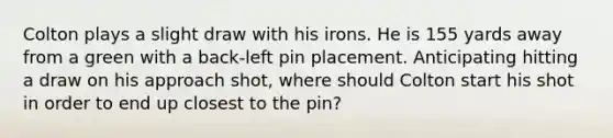 Colton plays a slight draw with his irons. He is 155 yards away from a green with a back-left pin placement. Anticipating hitting a draw on his approach shot, where should Colton start his shot in order to end up closest to the pin?