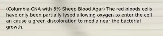 (Columbia CNA with 5% Sheep Blood Agar) The red bloods cells have only been partially lysed allowing oxygen to enter the cell an cause a green discoloration to media near the bacterial growth.