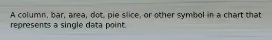 A column, bar, area, dot, pie slice, or other symbol in a chart that represents a single data point.