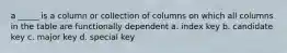 a _____ is a column or collection of columns on which all columns in the table are functionally dependent a. ​index key b. ​candidate key c. ​major key d. ​special key