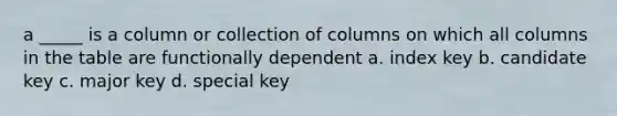 a _____ is a column or collection of columns on which all columns in the table are functionally dependent a. ​index key b. ​candidate key c. ​major key d. ​special key