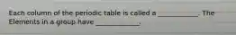 Each column of the periodic table is called a ____________. The Elements in a group have _____________.