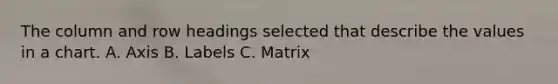 The column and row headings selected that describe the values in a chart. A. Axis B. Labels C. Matrix