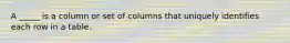 A _____ is a column or set of columns that uniquely identifies each row in a table.