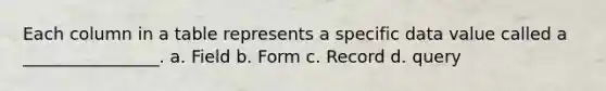 Each column in a table represents a specific data value called a ________________. a. Field b. Form c. Record d. query