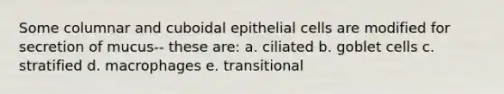 Some columnar and cuboidal epithelial cells are modified for secretion of mucus-- these are: a. ciliated b. goblet cells c. stratified d. macrophages e. transitional