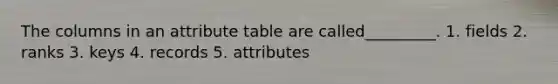 The columns in an attribute table are called_________. 1. fields 2. ranks 3. keys 4. records 5. attributes