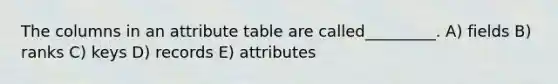 The columns in an attribute table are called_________. A) fields B) ranks C) keys D) records E) attributes