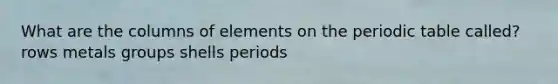 What are the columns of elements on <a href='https://www.questionai.com/knowledge/kIrBULvFQz-the-periodic-table' class='anchor-knowledge'>the periodic table</a> called? rows metals groups shells periods