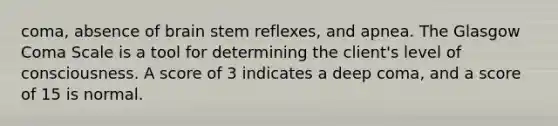 coma, absence of brain stem reflexes, and apnea. The Glasgow Coma Scale is a tool for determining the client's level of consciousness. A score of 3 indicates a deep coma, and a score of 15 is normal.