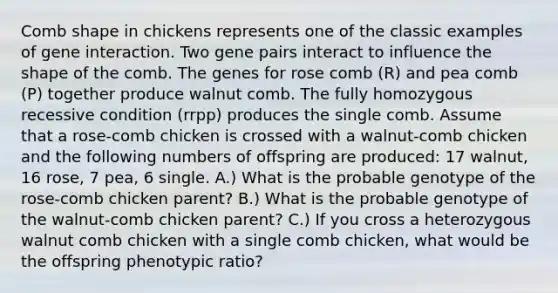 Comb shape in chickens represents one of the classic examples of gene interaction. Two gene pairs interact to influence the shape of the comb. The genes for rose comb (R) and pea comb (P) together produce walnut comb. The fully homozygous recessive condition (rrpp) produces the single comb. Assume that a rose-comb chicken is crossed with a walnut-comb chicken and the following numbers of offspring are produced: 17 walnut, 16 rose, 7 pea, 6 single. A.) What is the probable genotype of the rose-comb chicken parent? B.) What is the probable genotype of the walnut-comb chicken parent? C.) If you cross a heterozygous walnut comb chicken with a single comb chicken, what would be the offspring phenotypic ratio?