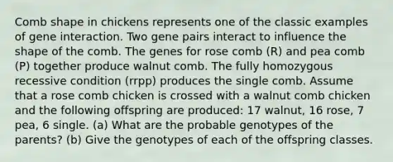 Comb shape in chickens represents one of the classic examples of gene interaction. Two gene pairs interact to influence the shape of the comb. The genes for rose comb (R) and pea comb (P) together produce walnut comb. The fully homozygous recessive condition (rrpp) produces the single comb. Assume that a rose comb chicken is crossed with a walnut comb chicken and the following offspring are produced: 17 walnut, 16 rose, 7 pea, 6 single. (a) What are the probable genotypes of the parents? (b) Give the genotypes of each of the offspring classes.