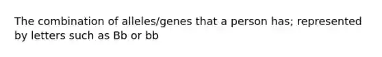 The combination of alleles/genes that a person has; represented by letters such as Bb or bb