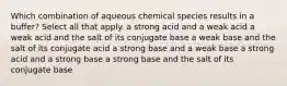 Which combination of aqueous chemical species results in a buffer? Select all that apply. a strong acid and a weak acid a weak acid and the salt of its conjugate base a weak base and the salt of its conjugate acid a strong base and a weak base a strong acid and a strong base a strong base and the salt of its conjugate base