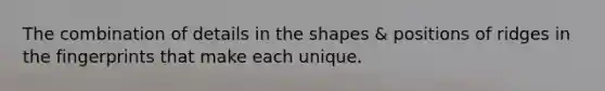 The combination of details in the shapes & positions of ridges in the fingerprints that make each unique.
