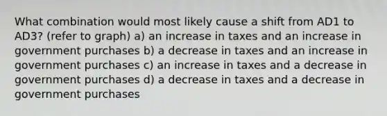 What combination would most likely cause a shift from AD1 to AD3? (refer to graph) a) an increase in taxes and an increase in government purchases b) a decrease in taxes and an increase in government purchases c) an increase in taxes and a decrease in government purchases d) a decrease in taxes and a decrease in government purchases