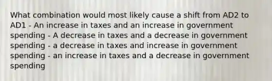 What combination would most likely cause a shift from AD2 to AD1 - An increase in taxes and an increase in government spending - A decrease in taxes and a decrease in government spending - a decrease in taxes and increase in government spending - an increase in taxes and a decrease in government spending