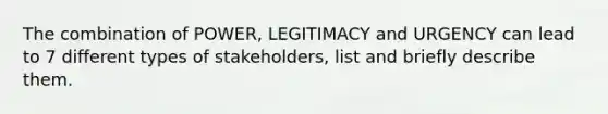 The combination of POWER, LEGITIMACY and URGENCY can lead to 7 different types of stakeholders, list and briefly describe them.