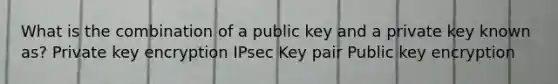 What is the combination of a public key and a private key known as? Private key encryption IPsec Key pair Public key encryption