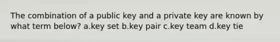 The combination of a public key and a private key are known by what term below? a.key set b.key pair c.key team d.key tie