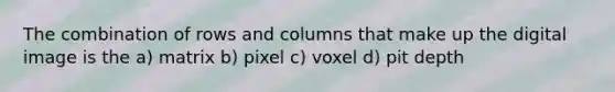 The combination of rows and columns that make up the digital image is the a) matrix b) pixel c) voxel d) pit depth