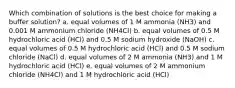 Which combination of solutions is the best choice for making a buffer solution? a. equal volumes of 1 M ammonia (NH3) and 0.001 M ammonium chloride (NH4Cl) b. equal volumes of 0.5 M hydrochloric acid (HCl) and 0.5 M sodium hydroxide (NaOH) c. equal volumes of 0.5 M hydrochloric acid (HCl) and 0.5 M sodium chloride (NaCl) d. equal volumes of 2 M ammonia (NH3) and 1 M hydrochloric acid (HCl) e. equal volumes of 2 M ammonium chloride (NH4Cl) and 1 M hydrochloric acid (HCl)