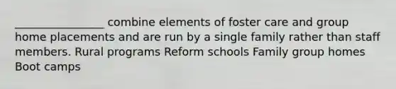 ________________ combine elements of foster care and group home placements and are run by a single family rather than staff members. Rural programs Reform schools Family group homes Boot camps