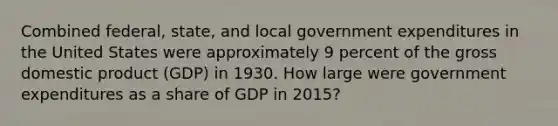 Combined federal, state, and local government expenditures in the United States were approximately 9 percent of the gross domestic product (GDP) in 1930. How large were government expenditures as a share of GDP in 2015?