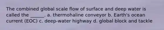 The combined global scale flow of surface and deep water is called the ______. a. thermohaline conveyor b. Earth's ocean current (EOC) c. deep-water highway d. global block and tackle