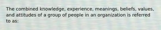 The combined knowledge, experience, meanings, beliefs, values, and attitudes of a group of people in an organization is referred to as: