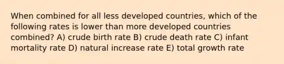 When combined for all less developed countries, which of the following rates is lower than more developed countries combined? A) crude birth rate B) crude death rate C) infant mortality rate D) natural increase rate E) total growth rate