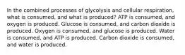 In the combined processes of glycolysis and cellular respiration, what is consumed, and what is produced? ATP is consumed, and oxygen is produced. Glucose is consumed, and carbon dioxide is produced. Oxygen is consumed, and glucose is produced. Water is consumed, and ATP is produced. Carbon dioxide is consumed, and water is produced.