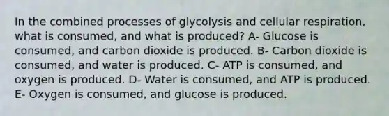 In the combined processes of glycolysis and cellular respiration, what is consumed, and what is produced? A- Glucose is consumed, and carbon dioxide is produced. B- Carbon dioxide is consumed, and water is produced. C- ATP is consumed, and oxygen is produced. D- Water is consumed, and ATP is produced. E- Oxygen is consumed, and glucose is produced.