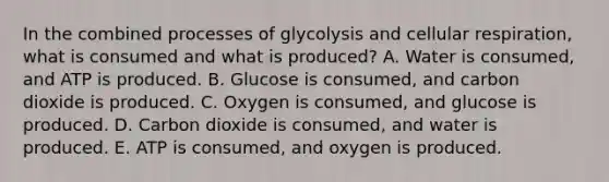 In the combined processes of glycolysis and cellular respiration, what is consumed and what is produced? A. Water is consumed, and ATP is produced. B. Glucose is consumed, and carbon dioxide is produced. C. Oxygen is consumed, and glucose is produced. D. Carbon dioxide is consumed, and water is produced. E. ATP is consumed, and oxygen is produced.