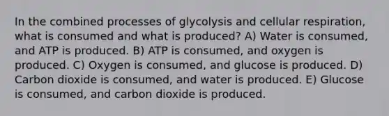 In the combined processes of glycolysis and cellular respiration, what is consumed and what is produced? A) Water is consumed, and ATP is produced. B) ATP is consumed, and oxygen is produced. C) Oxygen is consumed, and glucose is produced. D) Carbon dioxide is consumed, and water is produced. E) Glucose is consumed, and carbon dioxide is produced.