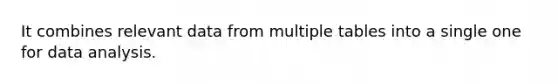 It combines relevant data from multiple tables into a single one for data analysis.