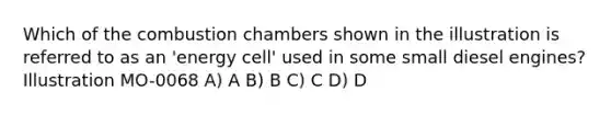 Which of the combustion chambers shown in the illustration is referred to as an 'energy cell' used in some small diesel engines? Illustration MO-0068 A) A B) B C) C D) D