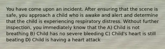 You have come upon an incident. After ensuring that the scene is safe, you approach a child who is awake and alert and determine that the child is experiencing respiratory distress. Without further inspection, you immediately know that the A) Child is not breathing B) Child has no severe bleeding C) Child's heart is still beating D) Child is having a heart attack