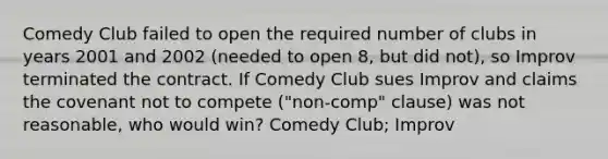 Comedy Club failed to open the required number of clubs in years 2001 and 2002 (needed to open 8, but did not), so Improv terminated the contract. If Comedy Club sues Improv and claims the covenant not to compete ("non-comp" clause) was not reasonable, who would win? Comedy Club; Improv