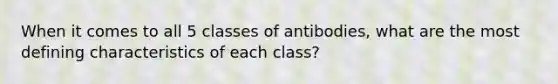 When it comes to all 5 classes of antibodies, what are the most defining characteristics of each class?