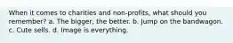 When it comes to charities and non-profits, what should you remember? a. The bigger, the better. b. Jump on the bandwagon. c. Cute sells. d. Image is everything.