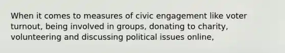 When it comes to measures of civic engagement like voter turnout, being involved in groups, donating to charity, volunteering and discussing political issues online,