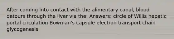 After coming into contact with the alimentary canal, blood detours through the liver via the: Answers: circle of Willis hepatic portal circulation Bowman's capsule electron transport chain glycogenesis